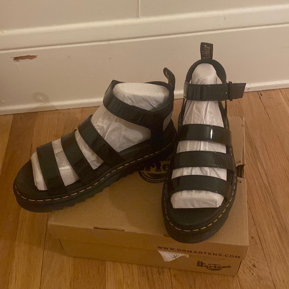 Dr Martens Blair black patent sandals.